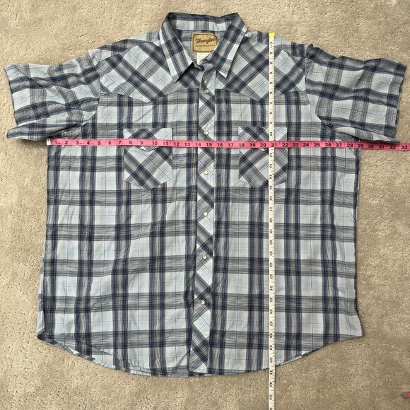 Wrangler Western Shirt Blue Plaid Pearl Snap Short Sleeve Button Up Men's 2XL - Picture 8 of 8